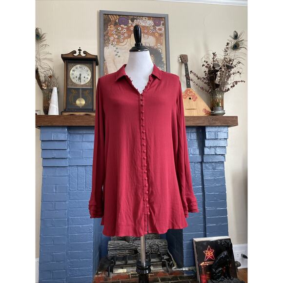 NEW Soft Surroundings L Poet Blouse Red Ruffle Button Down Cottagecore Boho - Picture 1 of 15